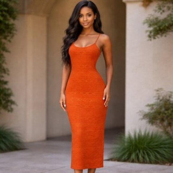 Shape FX Dresses & Skirts - Shape FX Women’s Size 8 Orange Textured Maxi Dress w/ Side Slit–Sleek & Stylish